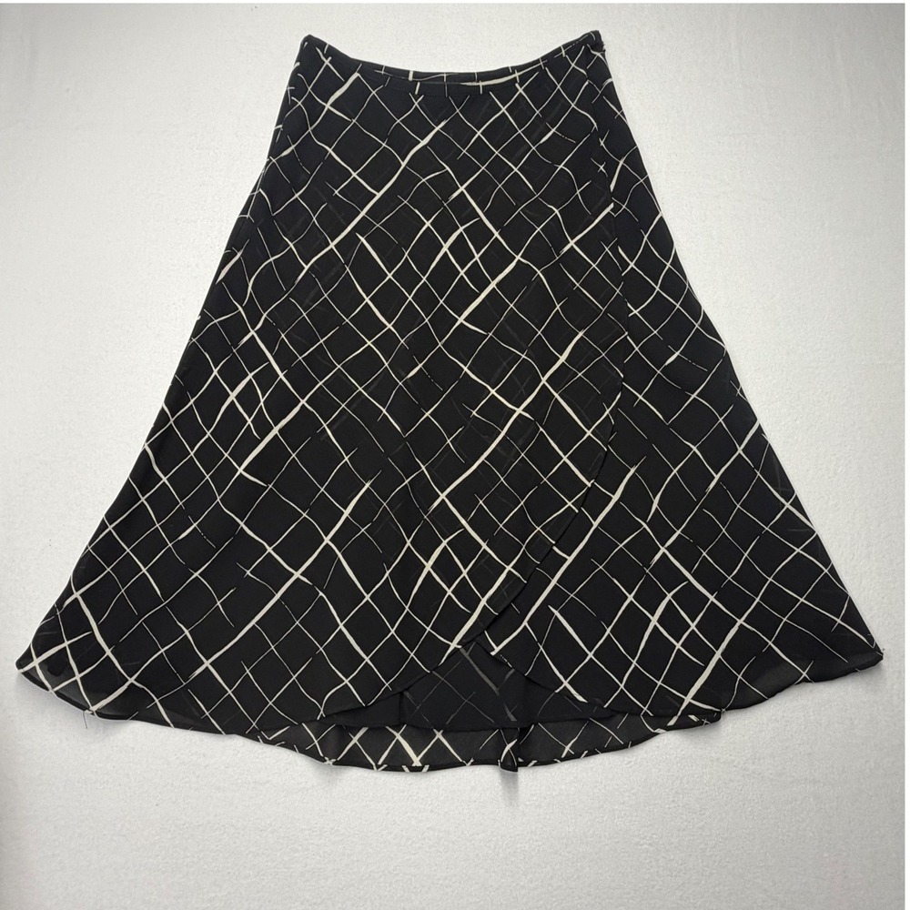 New‎ York & Company Black White Grid Print A-Line Midi Skirt Size 8 Chiffon Wrap